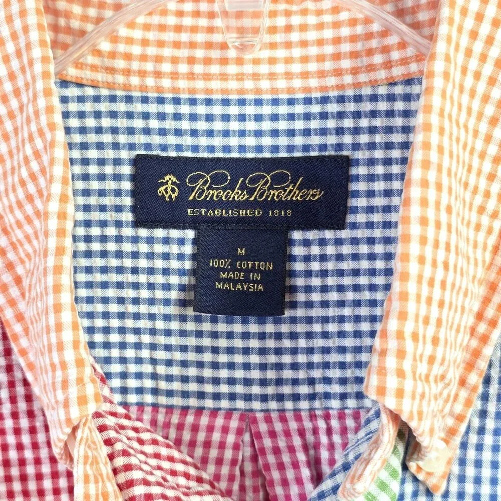 Brooks Brothers Shirt Mens Medium Seersucker Patchwork Check Short Sleeve Preppy - Picture 2 of 6